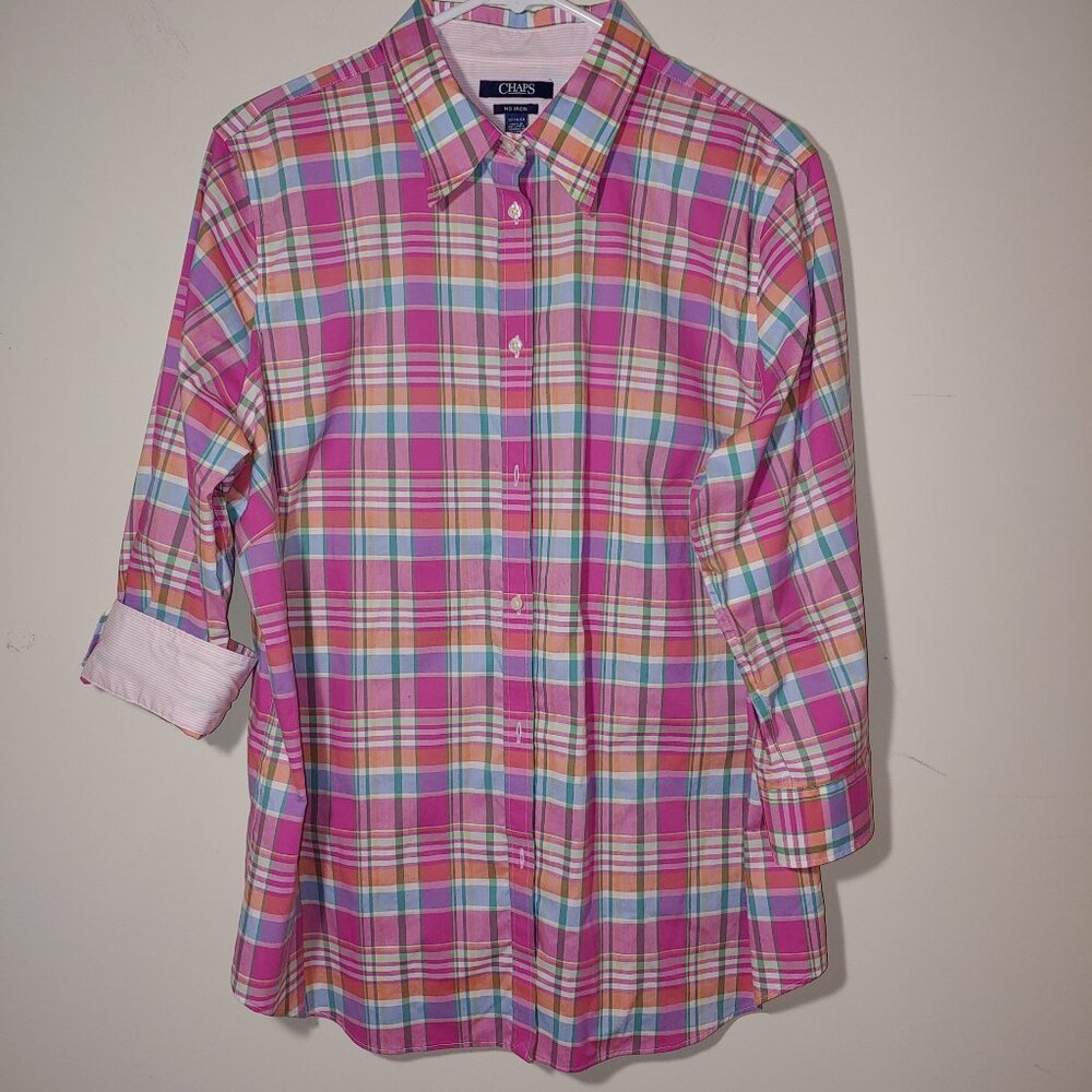 Chaps No Iron Button Down 3/4 Sleeves Shirt Size 1X Plaid Pink